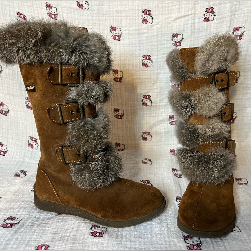 PRIMIGI SUEDE FAUX FUR KNEE-HIGH BUCKLE BOOTS BROWN GRAY BOOTIES GIRL 31 13 12.5